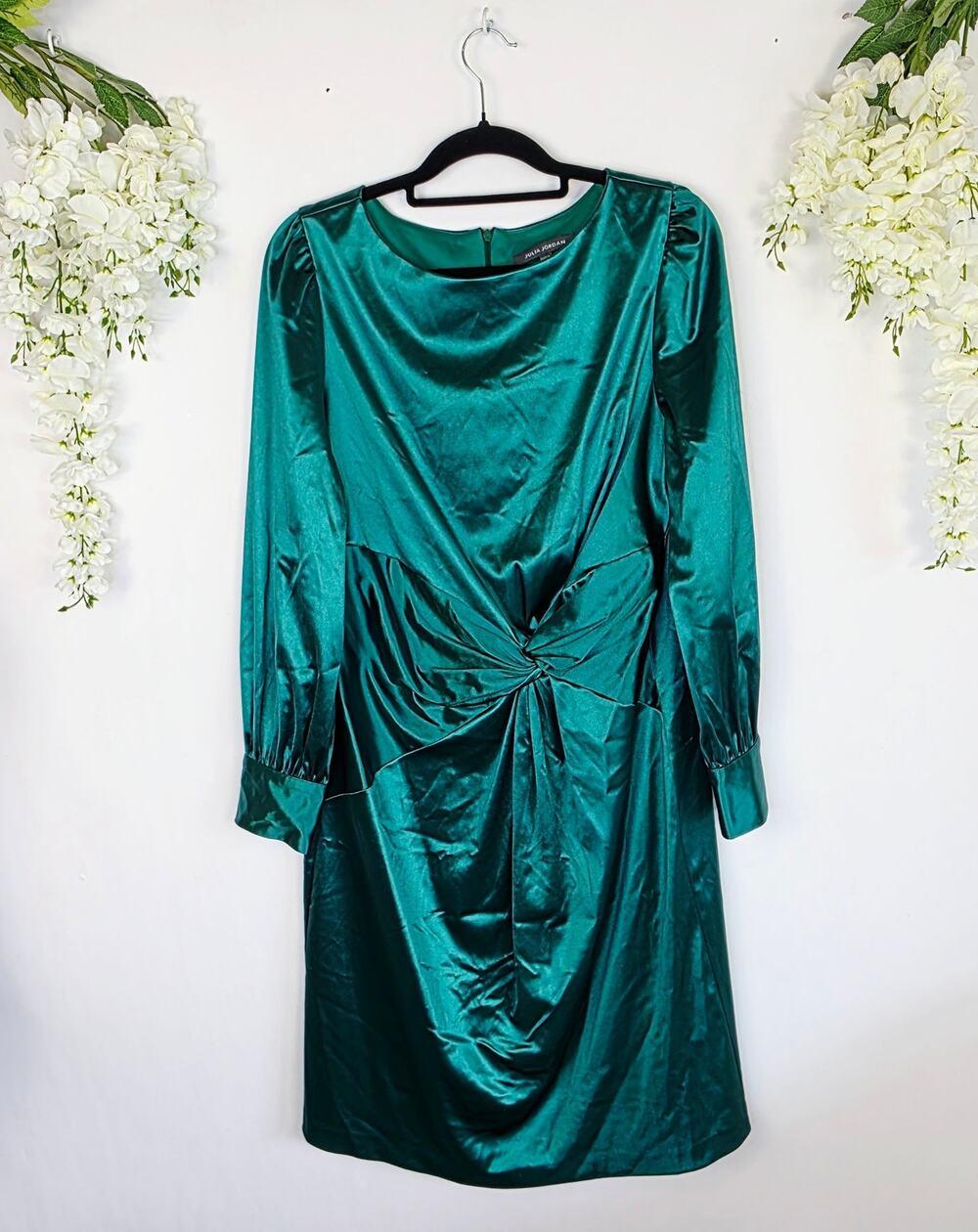 Julia Jordan Emerald Green Satin Ruched Dress Size 16 Party Holiday Event Formal